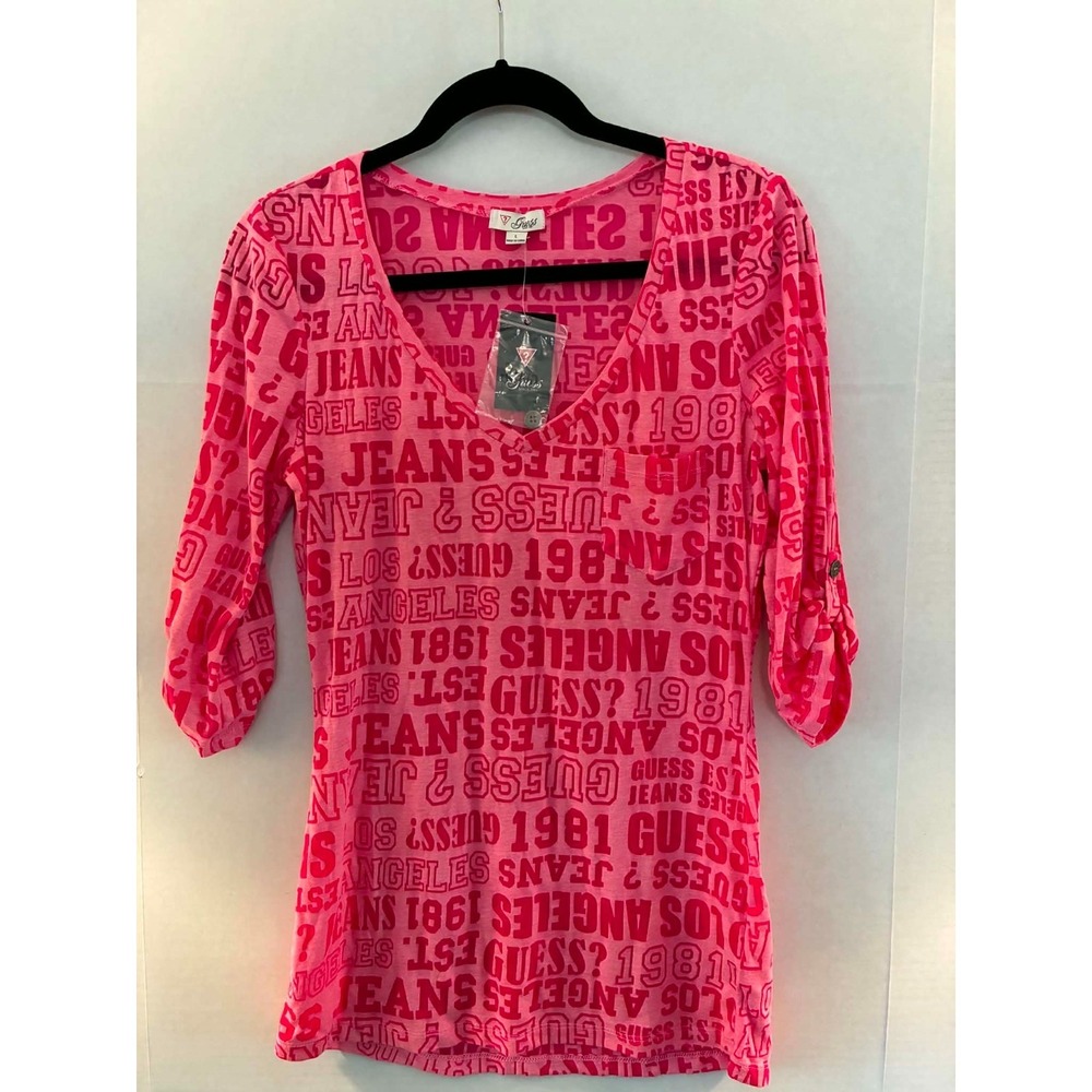 Guess Womens Large Groovy Pink Logo Burnout Top 3/4 Sleeve Y2K Graphic Tee NWT